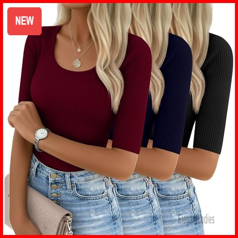 3 Pack Ribbed Half Sleeve Tops Slim Fit Scoop Neck Tees Summer Casual